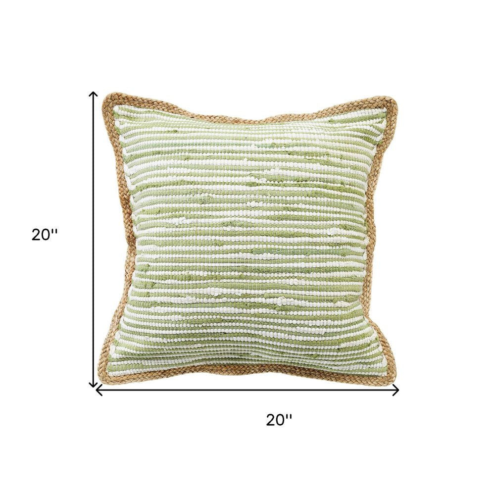 20" Green White And Natural Striped Cotton And Jute Throw Pillow — view 9