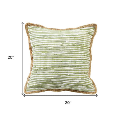 20" Green White And Natural Striped Cotton And Jute Throw Pillow