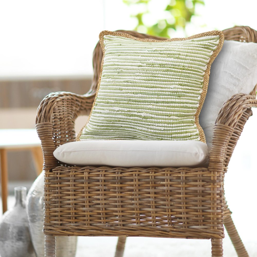 20" Green White And Natural Striped Cotton And Jute Throw Pillow — view 8