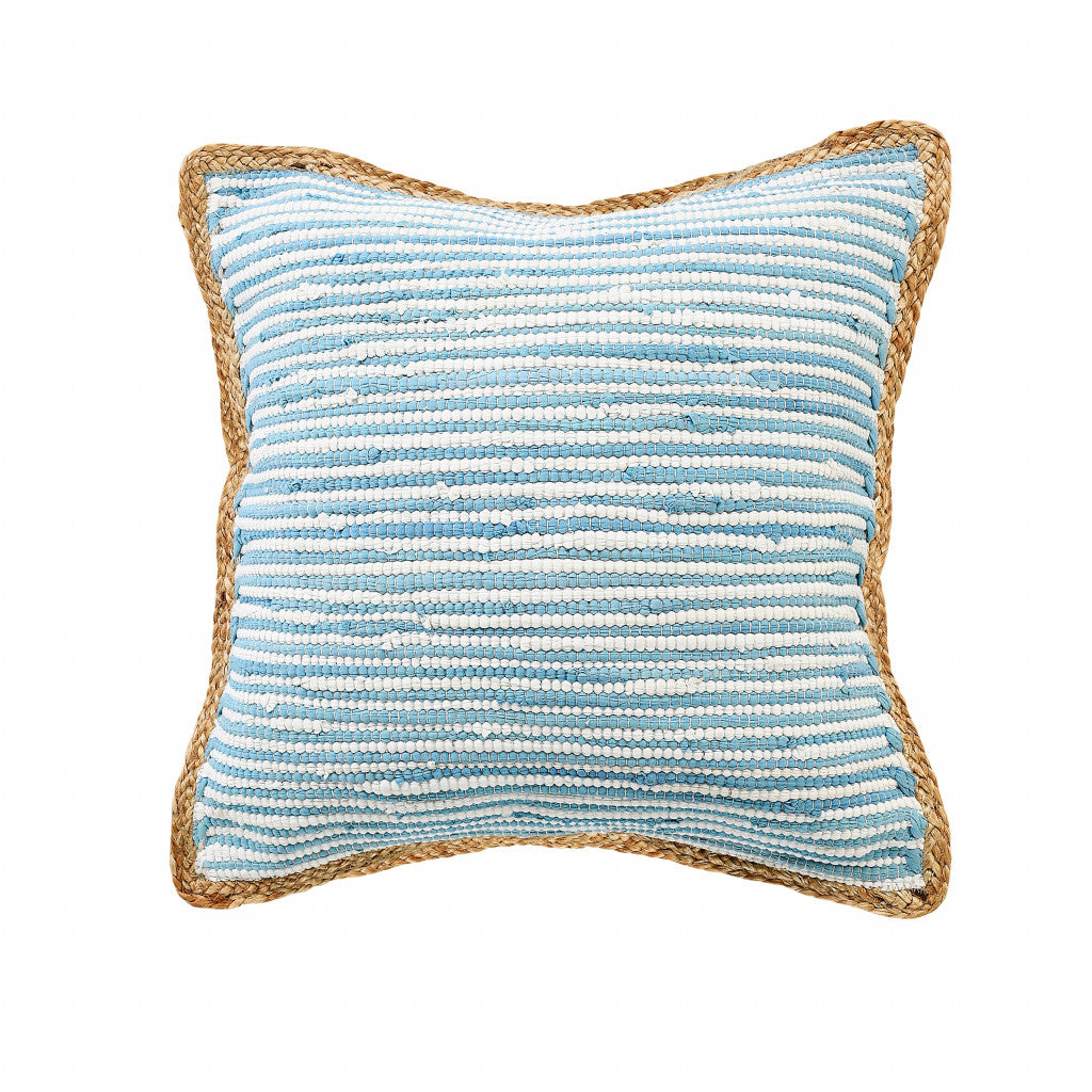 20" X 20" Air Blue White And Tan 100% Cotton Striped Zippered Pillow FurniFindUSA