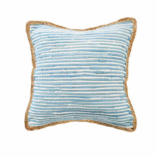 20" X 20" Air Blue White And Tan 100% Cotton Striped Zippered Pillow FurniFindUSA