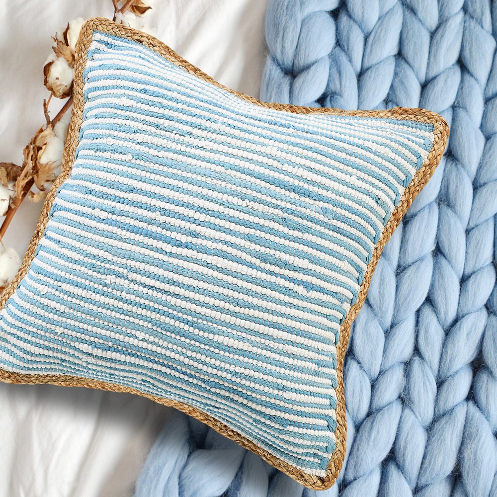 20" X 20" Air Blue White And Tan 100% Cotton Striped Zippered Pillow — view 8