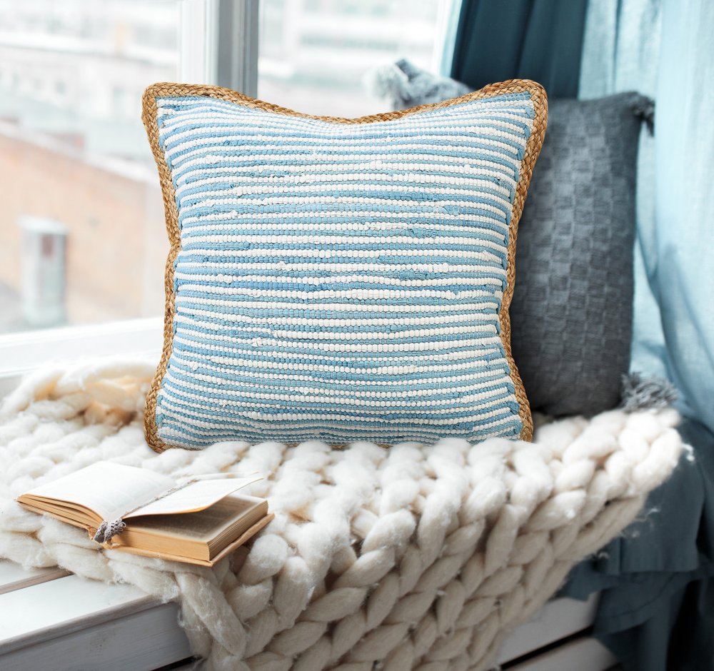 20" X 20" Air Blue White And Tan 100% Cotton Striped Zippered Pillow HomeRoots