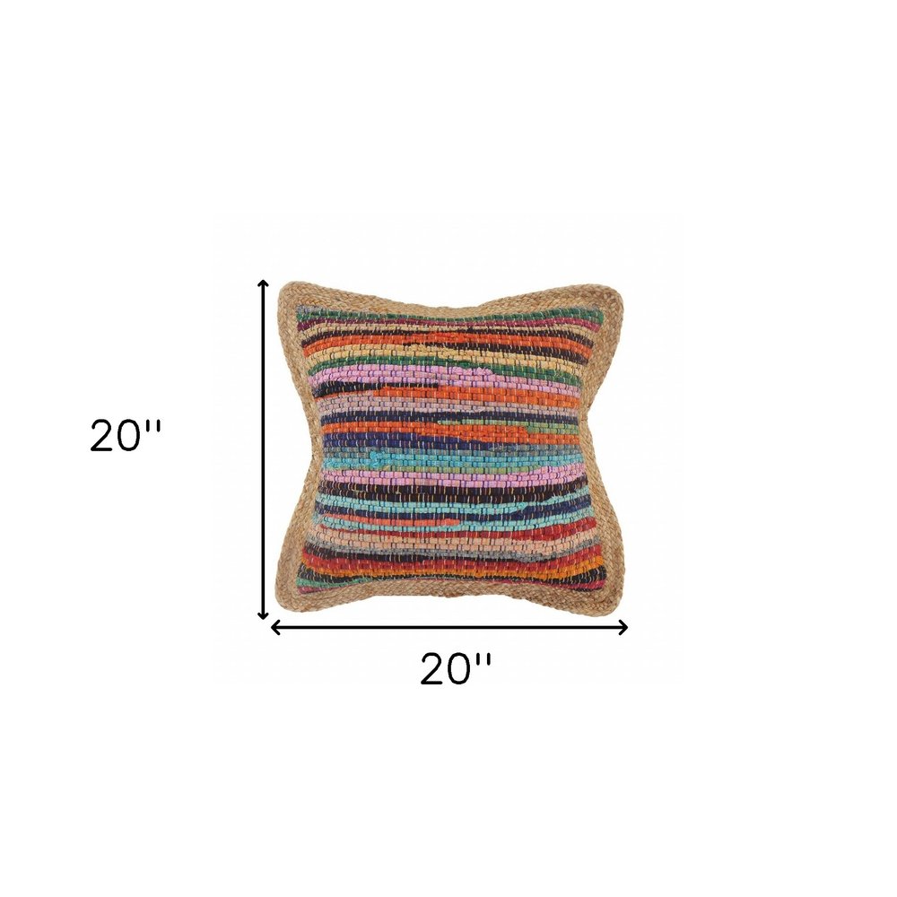 20" Tan Orange and Blue Striped Cotton and Jute Throw Pillow — view 8