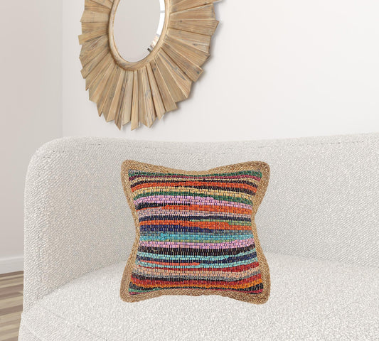 20" X 20" Tan Red Blue Yellow And Orange 100% Cotton Geometric Zippered Pillow FurniFindUSA