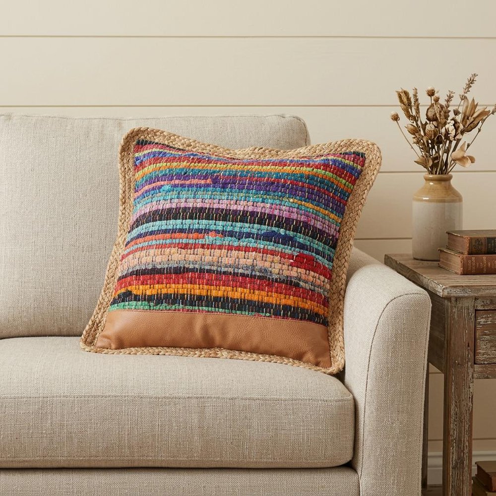 20" Tan Orange and Blue Striped Cotton and Jute Throw Pillow — view 11
