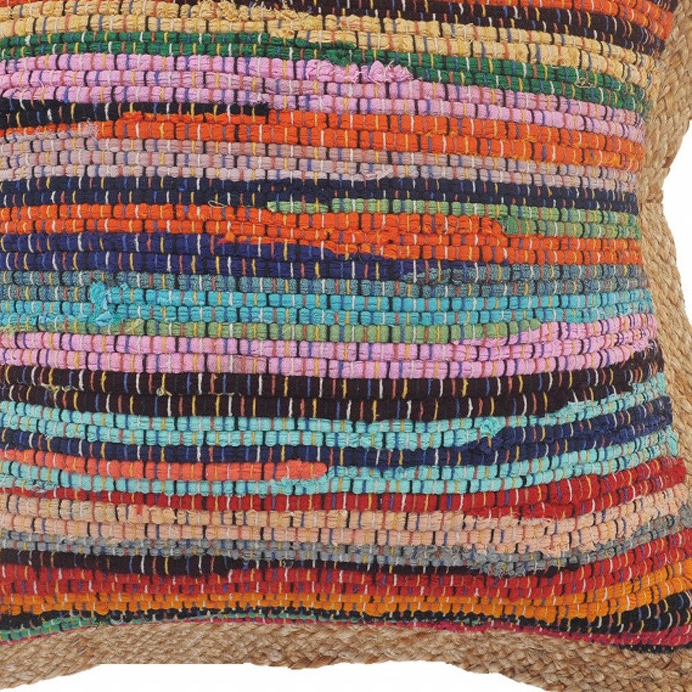 20" Tan Orange and Blue Striped Cotton and Jute Throw Pillow — view 9