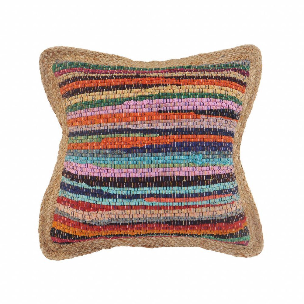 20" Tan Orange and Blue Striped Cotton and Jute Throw Pillow — view 10