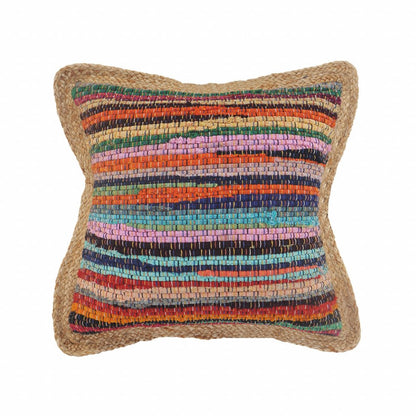 20" Tan Orange and Blue Striped Cotton and Jute Throw Pillow HomeRoots