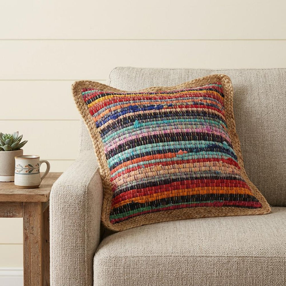 20" Tan Orange and Blue Striped Cotton and Jute Throw Pillow — view 12