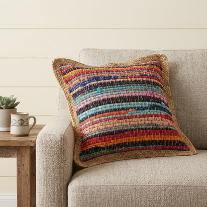 20" Tan Orange and Blue Striped Cotton and Jute Throw Pillow