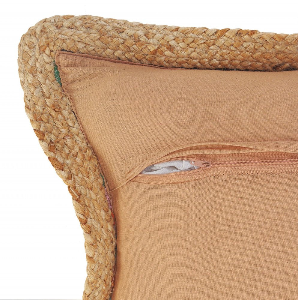 20" Tan Orange and Blue Striped Cotton and Jute Throw Pillow — view 3