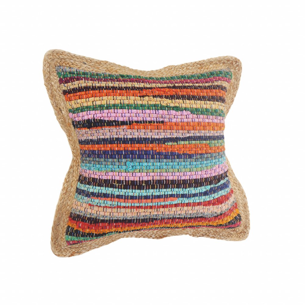 20" Tan Orange and Blue Striped Cotton and Jute Throw Pillow — view 5