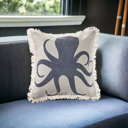 18" X 18" Cream And Charcoal Navy 100% Cotton Coastal Zippered Pillow FurniFindUSA