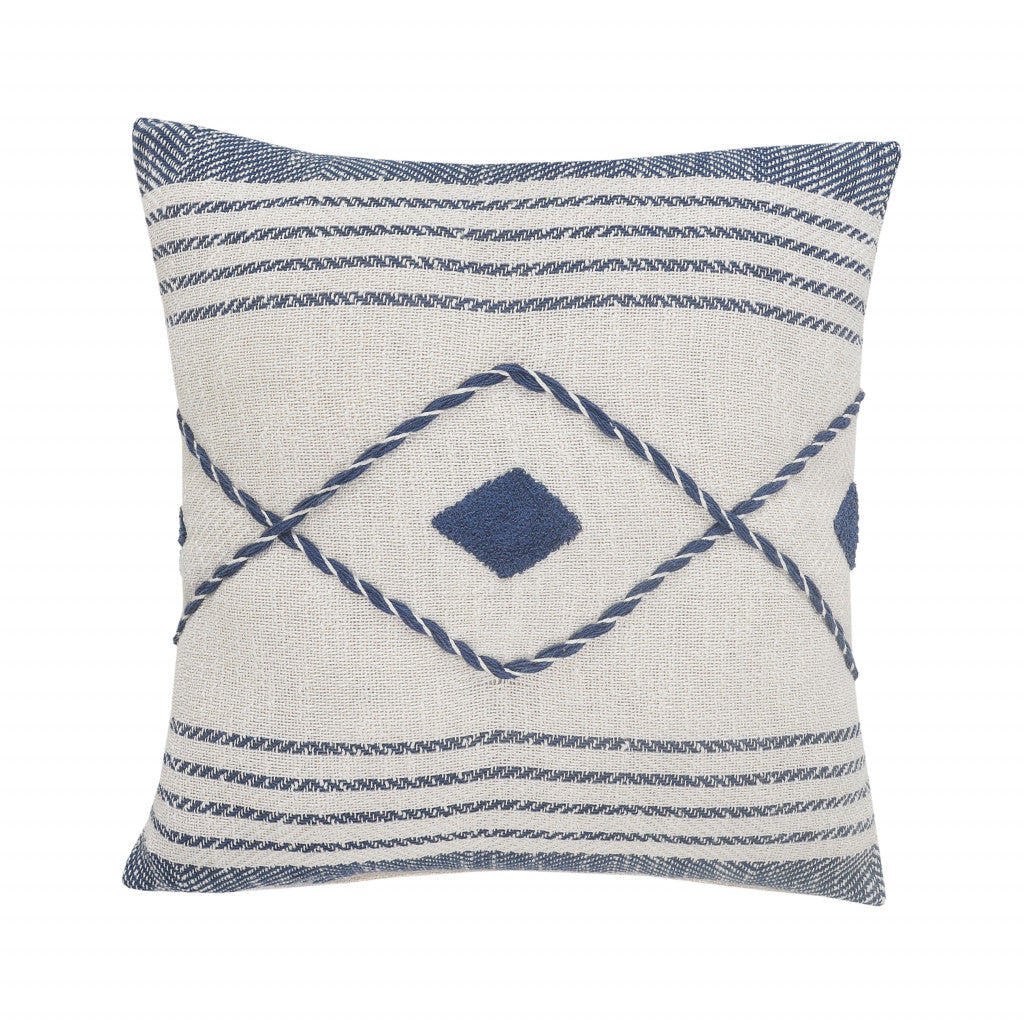 20" Ivory and Blue Coastal Cotton Throw Pillow With Texture FurniFindUSA