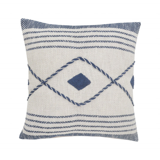 20" Ivory and Blue Coastal Cotton Throw Pillow With Texture FurniFindUSA