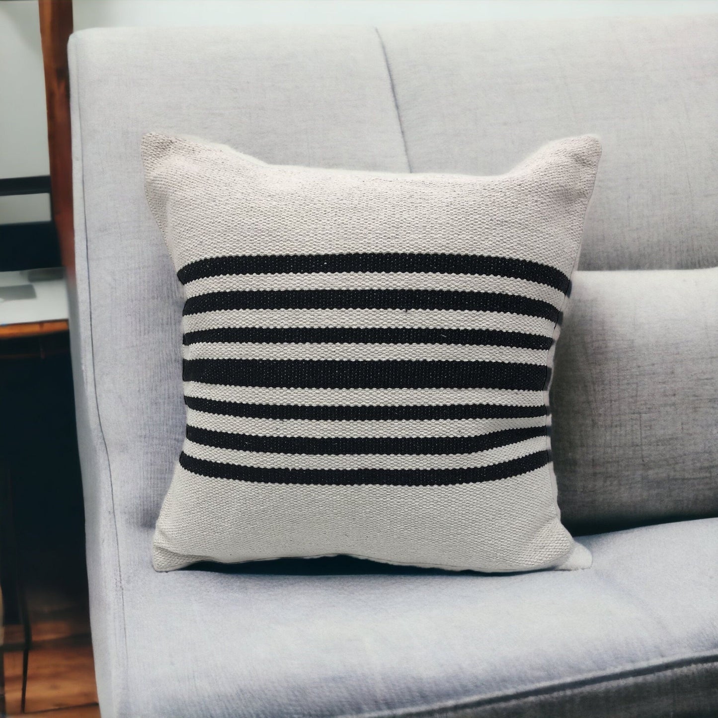 22" X 22" Black and White Striped Cotton Zippered Pillow FurniFindUSA