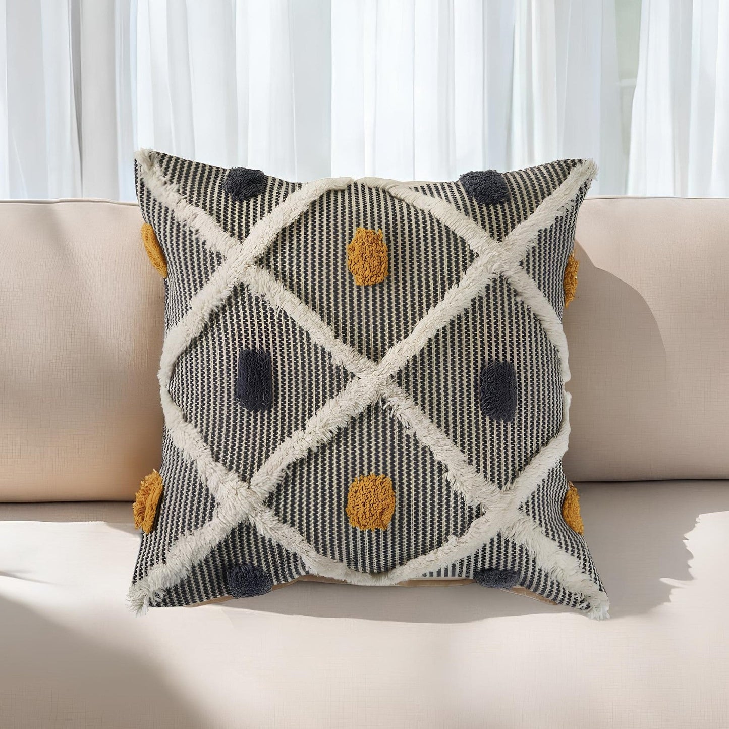 20" Gray Ivory and Yellow Striped Cotton Throw Pillow With Texture FurniFindUSA