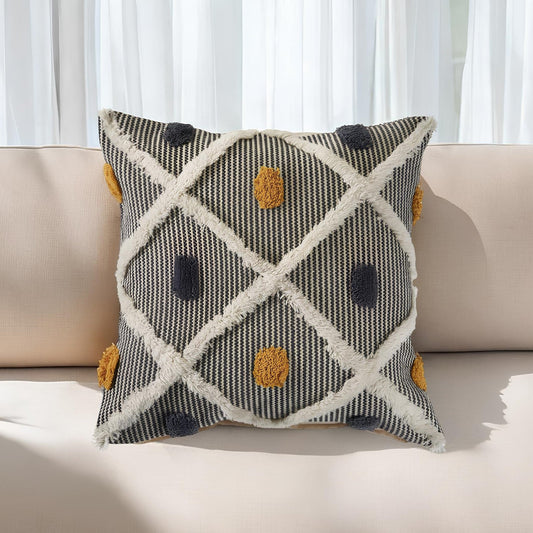 20" Gray Ivory and Yellow Striped Cotton Throw Pillow With Texture FurniFindUSA