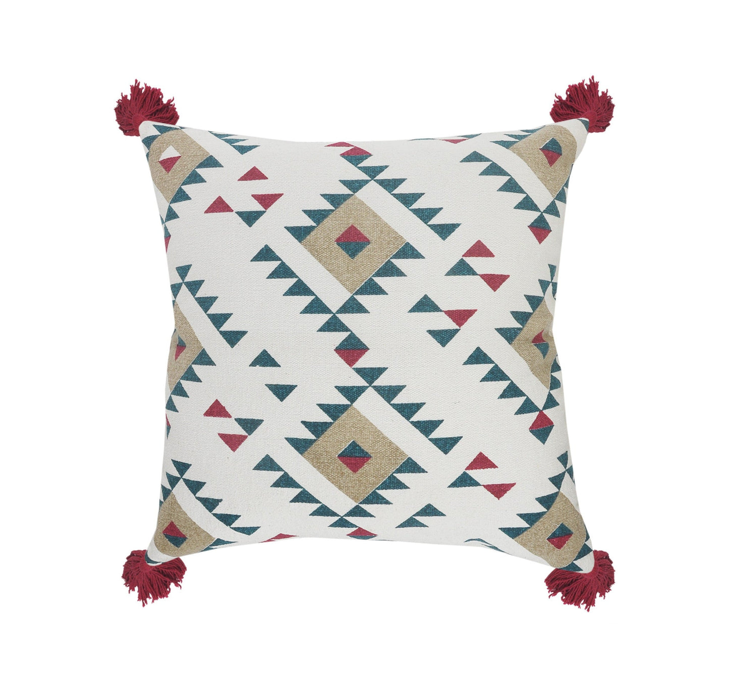 20" X 20" White Burgundy Tan And Teal 100% Cotton Geometric Zippered Pillow FurniFindUSA