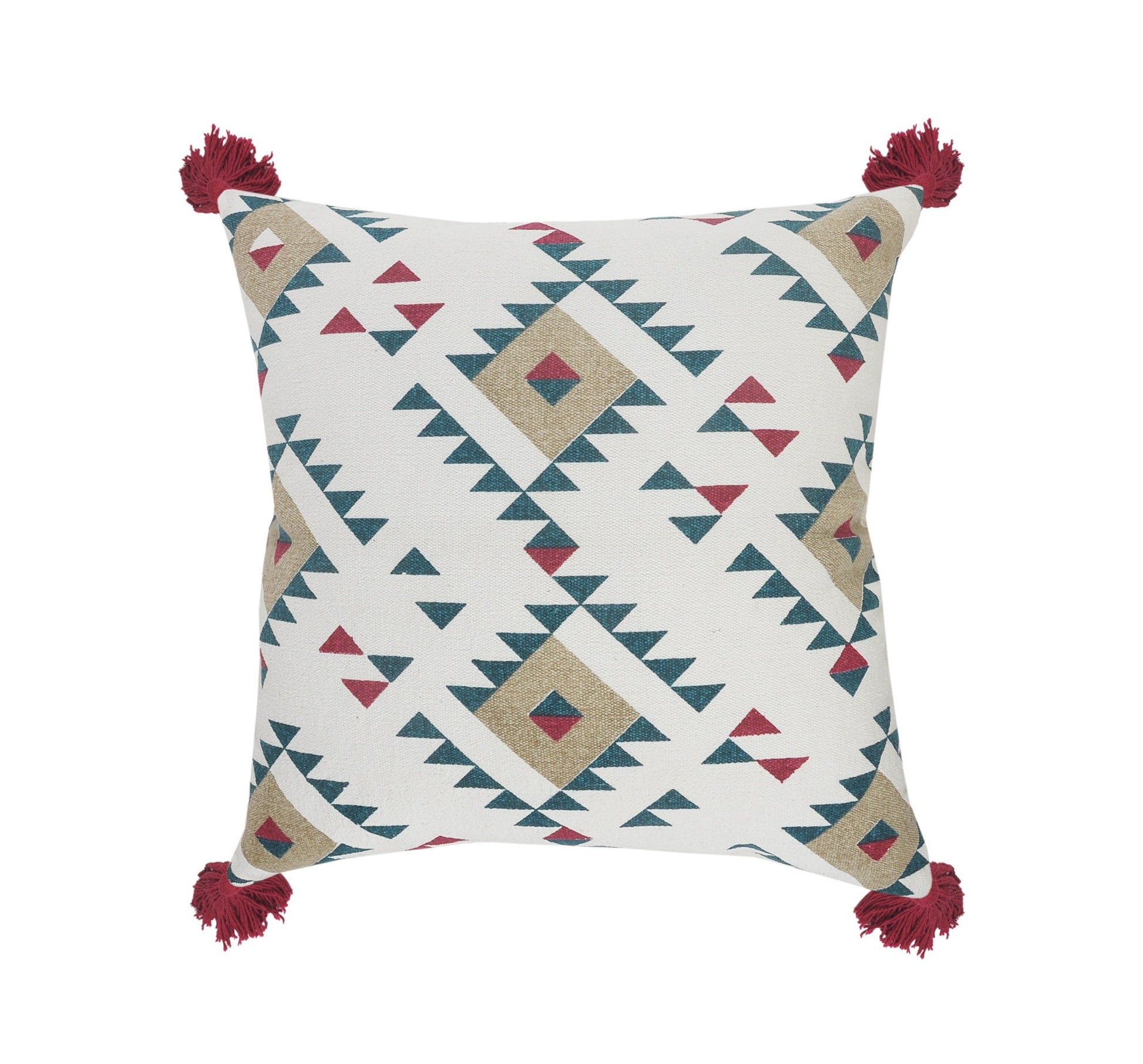 20" X 20" White Burgundy Tan And Teal 100% Cotton Geometric Zippered Pillow FurniFindUSA