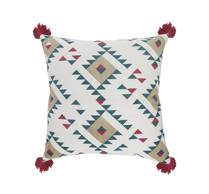 20" X 20" White Burgundy Tan And Teal 100% Cotton Geometric Zippered Pillow FurniFindUSA