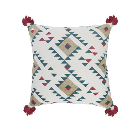 20" X 20" White Burgundy Tan And Teal 100% Cotton Geometric Zippered Pillow FurniFindUSA