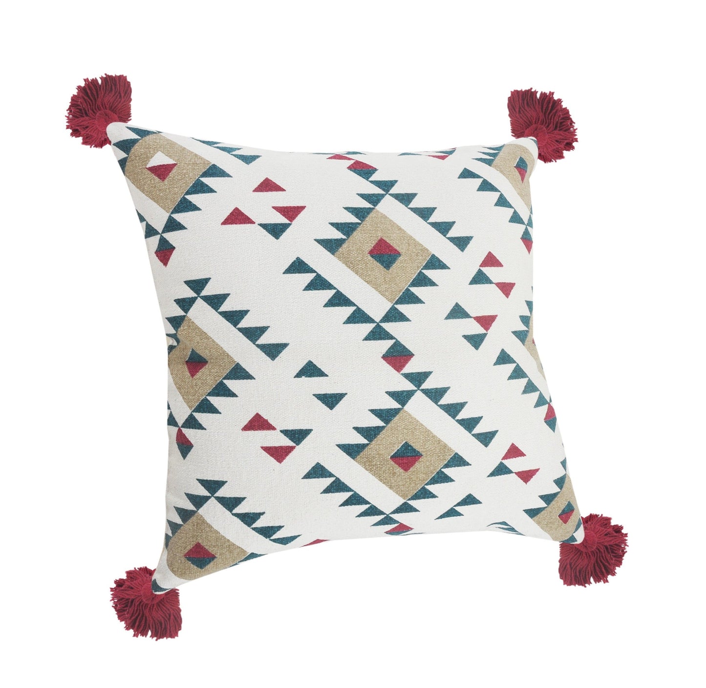 20" X 20" White Burgundy Tan And Teal 100% Cotton Geometric Zippered Pillow FurniFindUSA