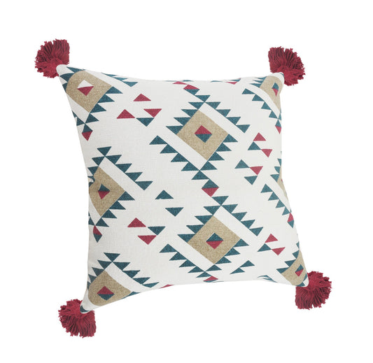 20" X 20" White Burgundy Tan And Teal 100% Cotton Geometric Zippered Pillow FurniFindUSA