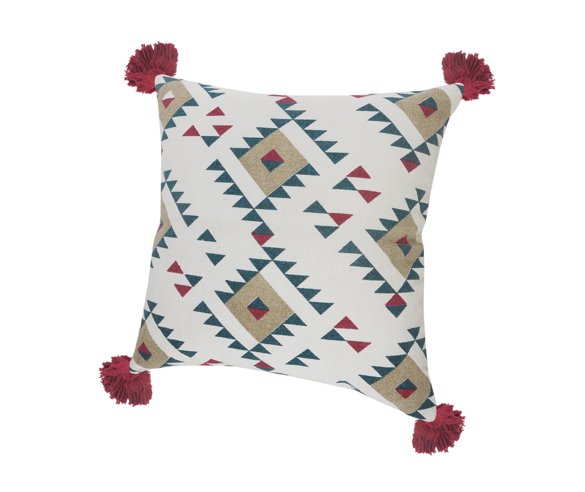 20" X 20" White Burgundy Tan And Teal 100% Cotton Geometric Zippered Pillow FurniFindUSA