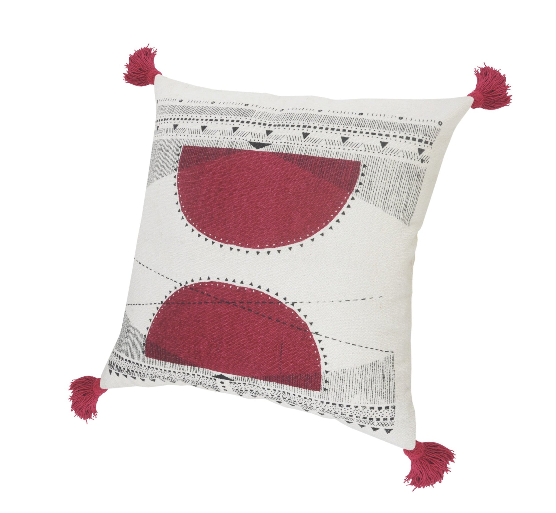 20" X 20" White Black And Burgundy 100% Cotton Geometric Zippered Pillow FurniFindUSA