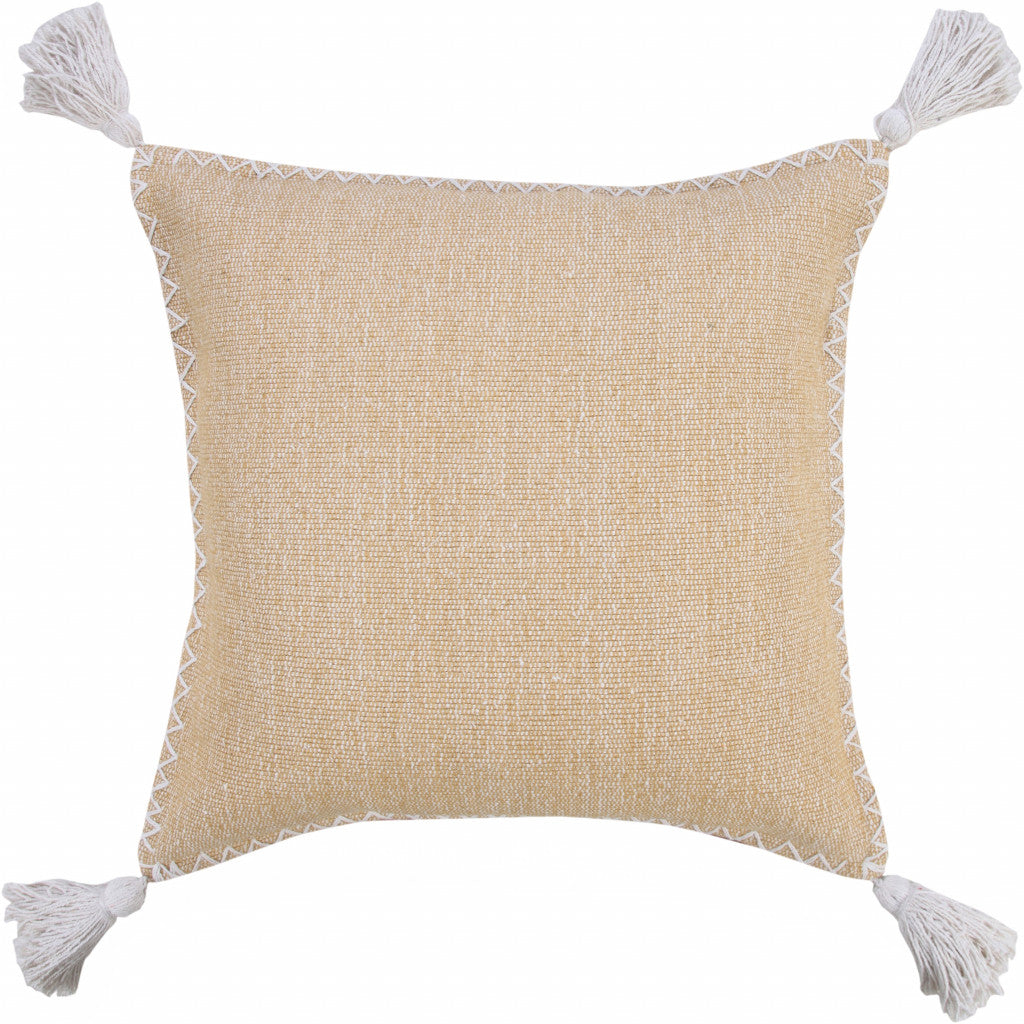 20" X 20" Brown and White Cotton Zippered Pillow With Embroidery, Tassels FurniFindUSA