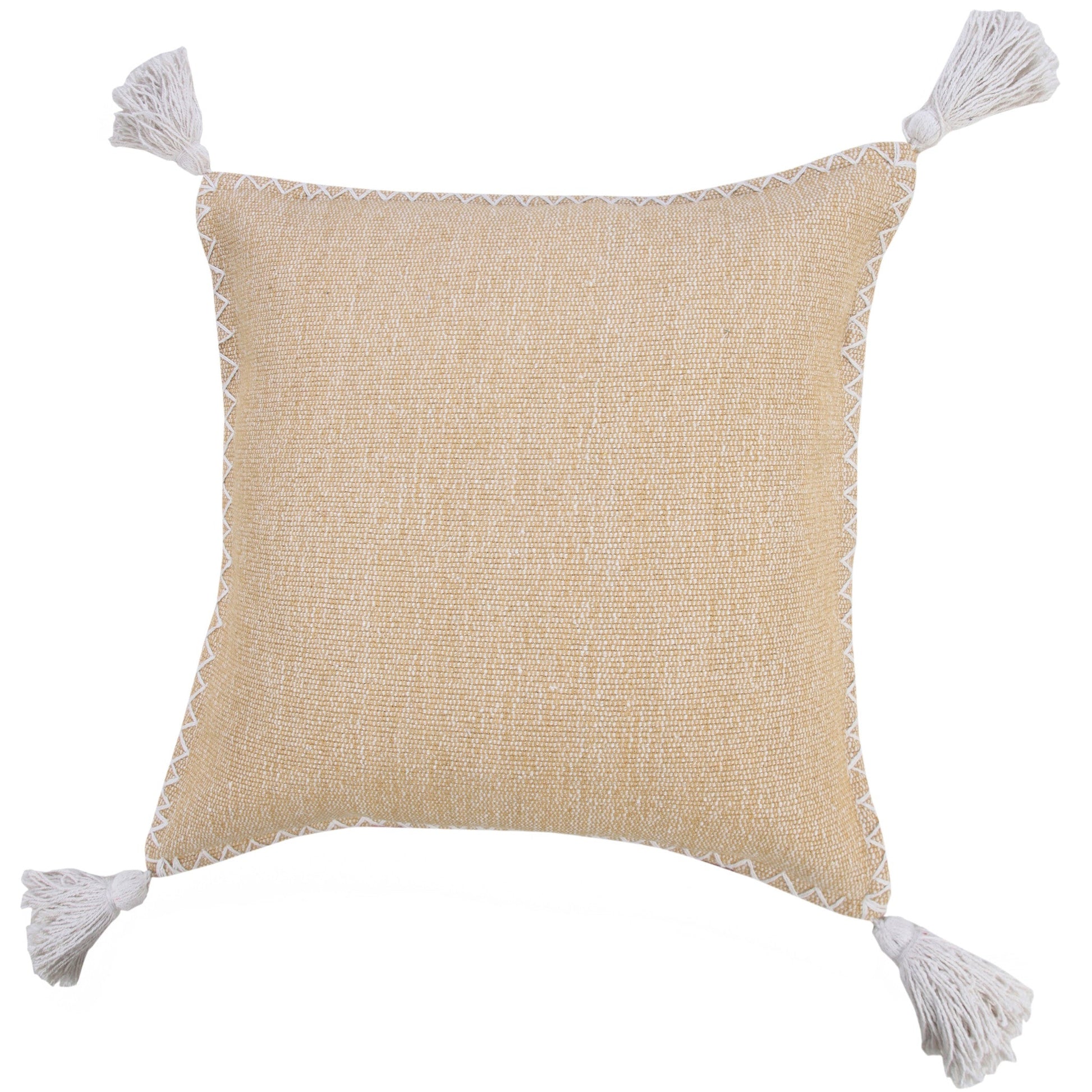 20" X 20" Brown and White Cotton Zippered Pillow With Embroidery, Tassels FurniFindUSA