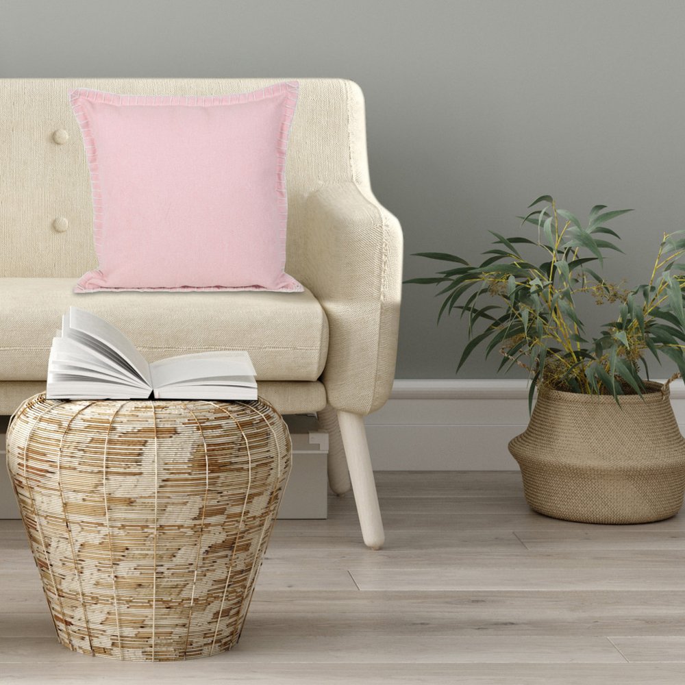 20" Light Pink Cotton Throw Pillow With Embroidered Edges — view 8