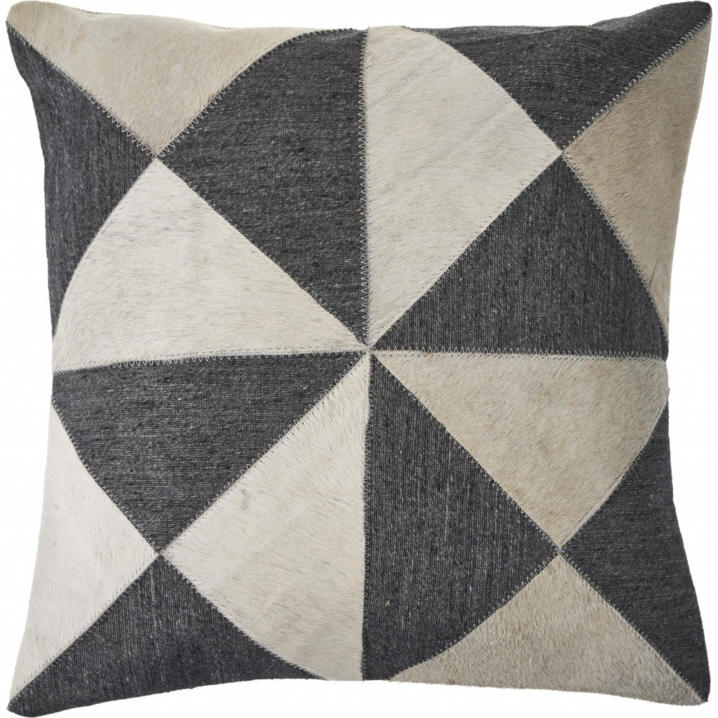 20" Charcoal and Ivory Geometric Wool And Faux Leather Throw Pillow FurniFindUSA