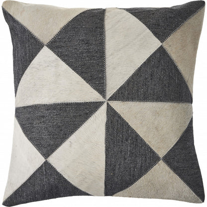 20" Charcoal and Ivory Geometric Wool And Faux Leather Throw Pillow FurniFindUSA