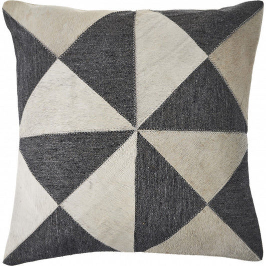 20" Charcoal and Ivory Geometric Wool And Faux Leather Throw Pillow FurniFindUSA