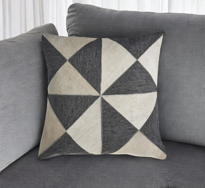 20" Charcoal and Ivory Geometric Wool And Faux Leather Throw Pillow FurniFindUSA