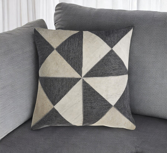 20" Charcoal and Ivory Geometric Wool And Faux Leather Throw Pillow FurniFindUSA