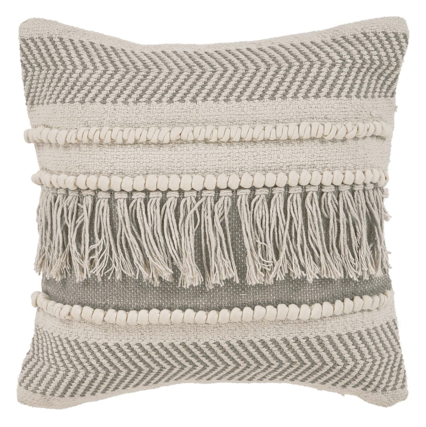 20" X 20" Beige and Ivory Chevron Cotton Zippered Pillow With Fringe FurniFindUSA