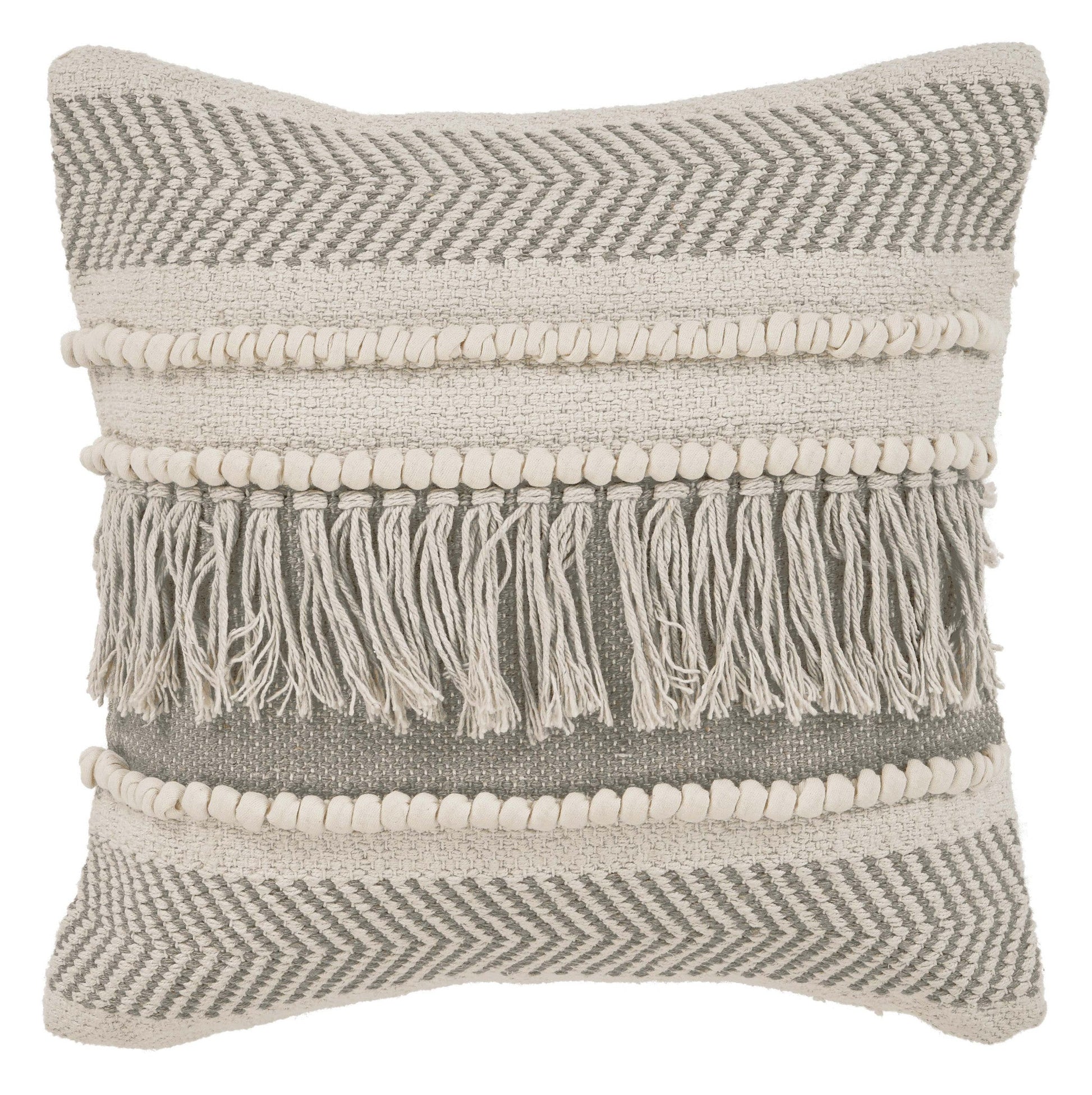 20" X 20" Beige and Ivory Chevron Cotton Zippered Pillow With Fringe FurniFindUSA