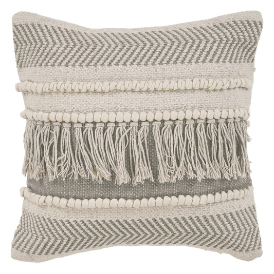 20" X 20" Beige and Ivory Chevron Cotton Zippered Pillow With Fringe FurniFindUSA