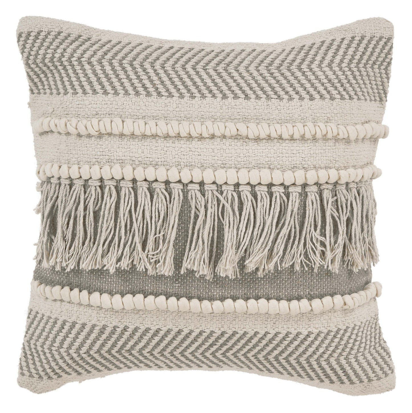 20" X 20" Beige and Ivory Chevron Cotton Zippered Pillow With Fringe FurniFindUSA