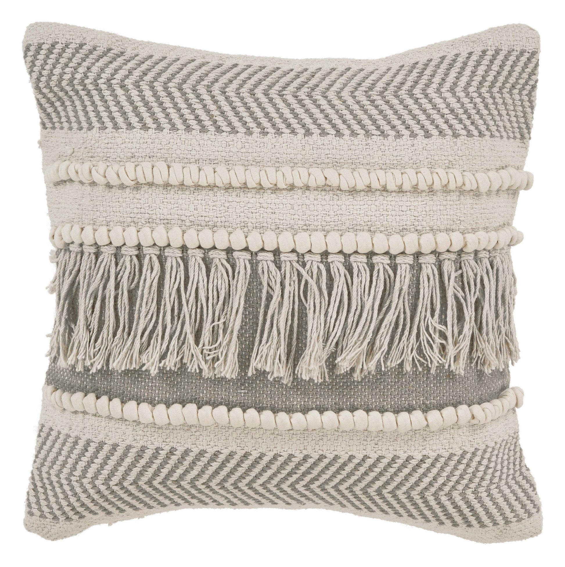 20" X 20" Beige and Ivory Chevron Cotton Zippered Pillow With Fringe FurniFindUSA