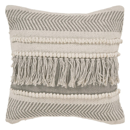 20" X 20" Beige and Ivory Chevron Cotton Zippered Pillow With Fringe FurniFindUSA