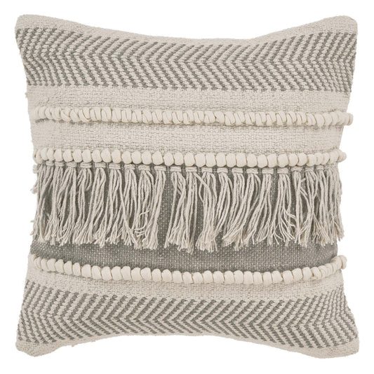 20" X 20" Beige and Ivory Chevron Cotton Zippered Pillow With Fringe FurniFindUSA