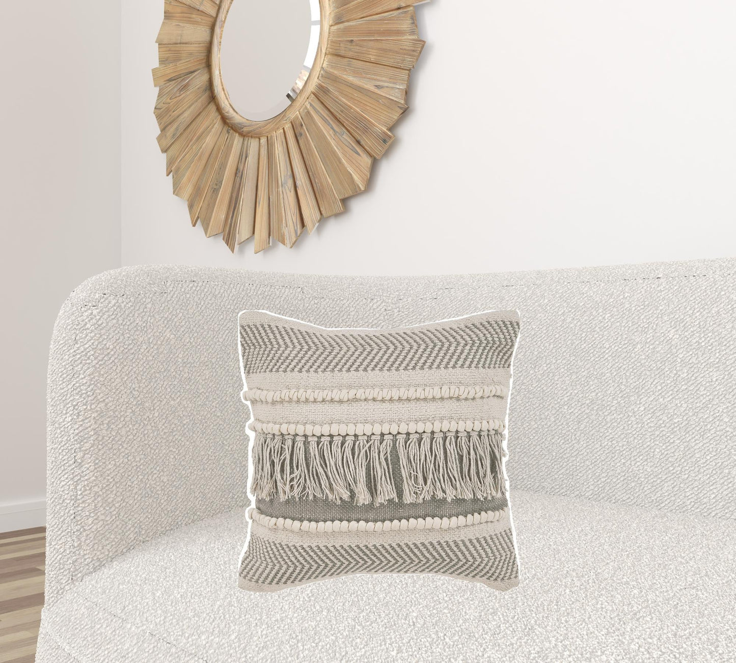 20" X 20" Beige and Ivory Chevron Cotton Zippered Pillow With Fringe FurniFindUSA