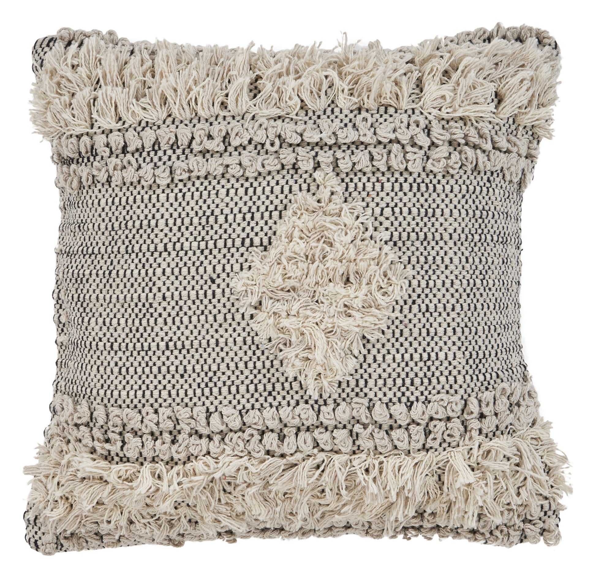20" X 20" Natural and Black Geometric Cotton Zippered Pillow With Fringe FurniFindUSA