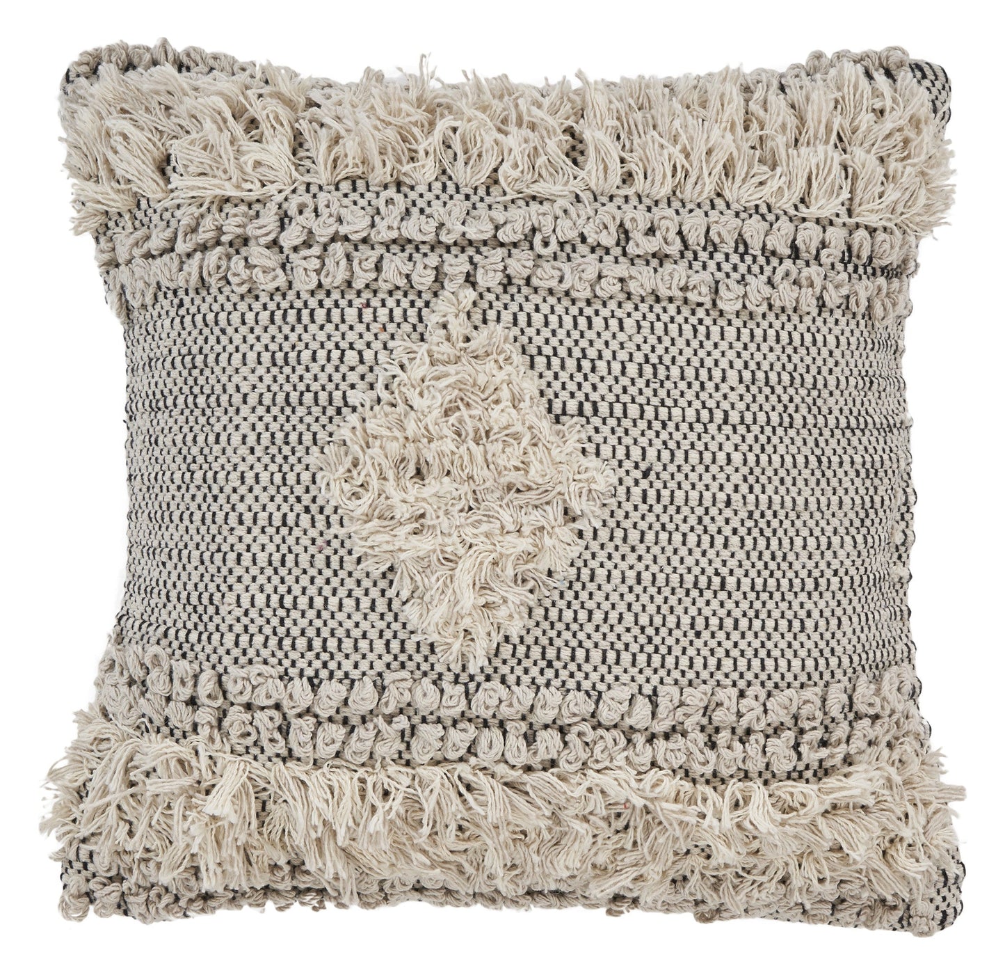 20" X 20" Natural and Black Geometric Cotton Zippered Pillow With Fringe FurniFindUSA