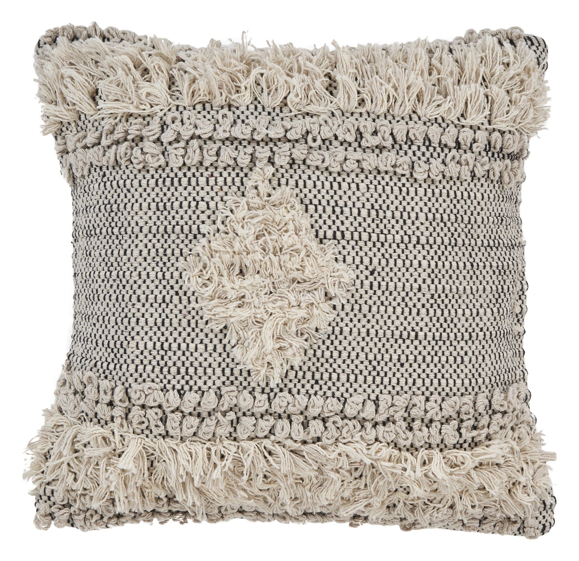 20" X 20" Natural and Black Geometric Cotton Zippered Pillow With Fringe FurniFindUSA
